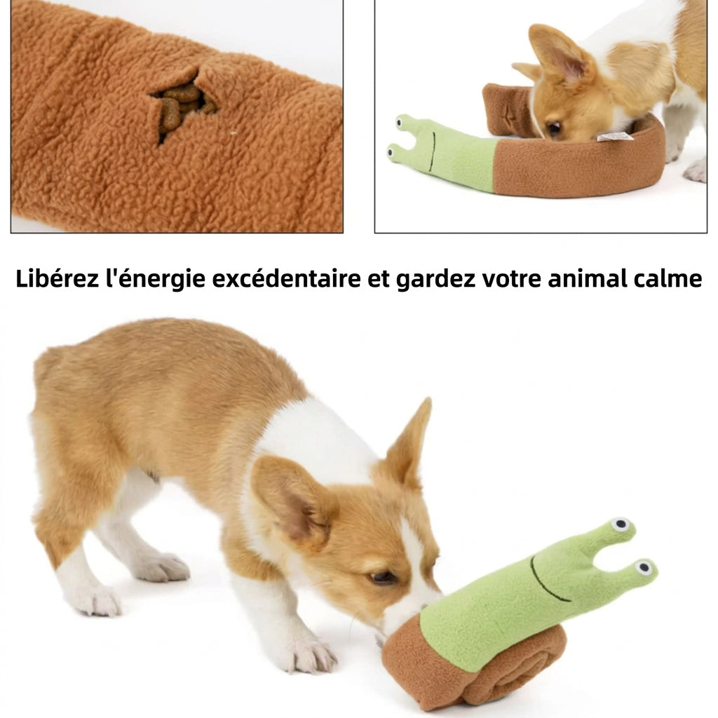 Jouet de fouille Cachette : chien qui renifle l'escargot, texte « Libérez l'énergie excédentaire et gardez votre animal calme »