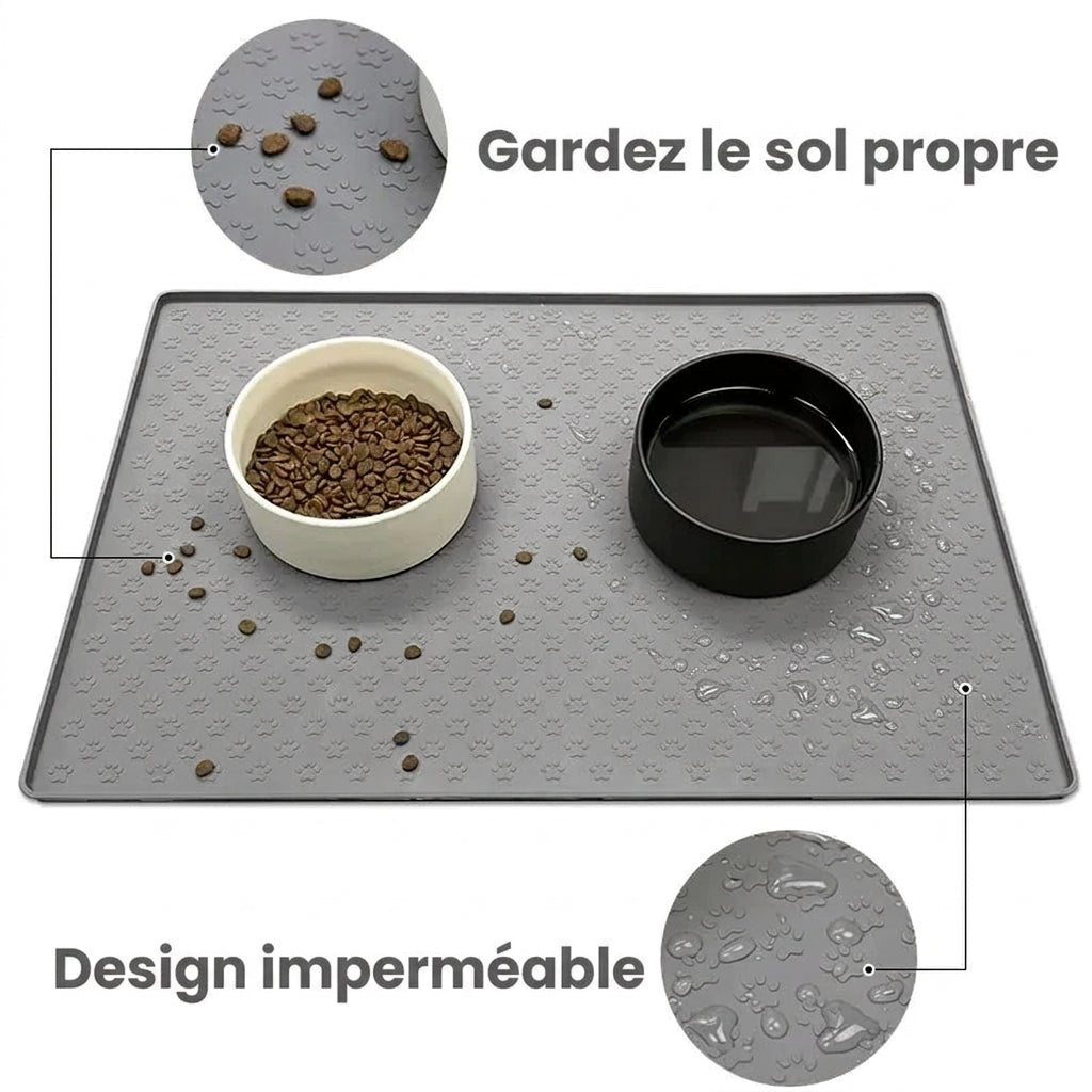 Tapis de repas gris avec gamelles, garde le sol propre, imperméable