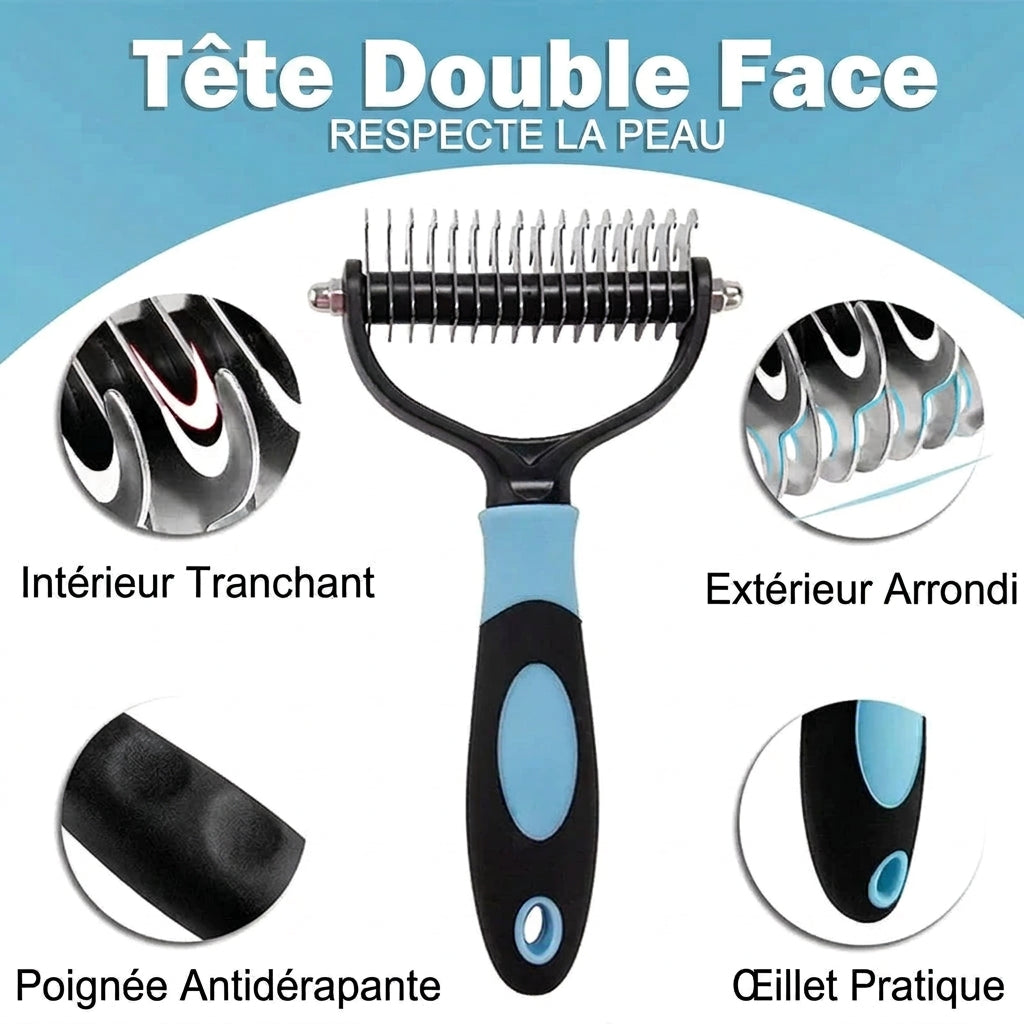 Peigne double face : intérieur tranchant, extérieur arrondi, poignée antidérapante, œillet