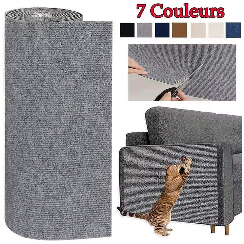 Rouleau de tapis griffoir gris découpé aux ciseaux et posé sur l'accoudoir d'un canapé, chat qui griffe, 7 coloris