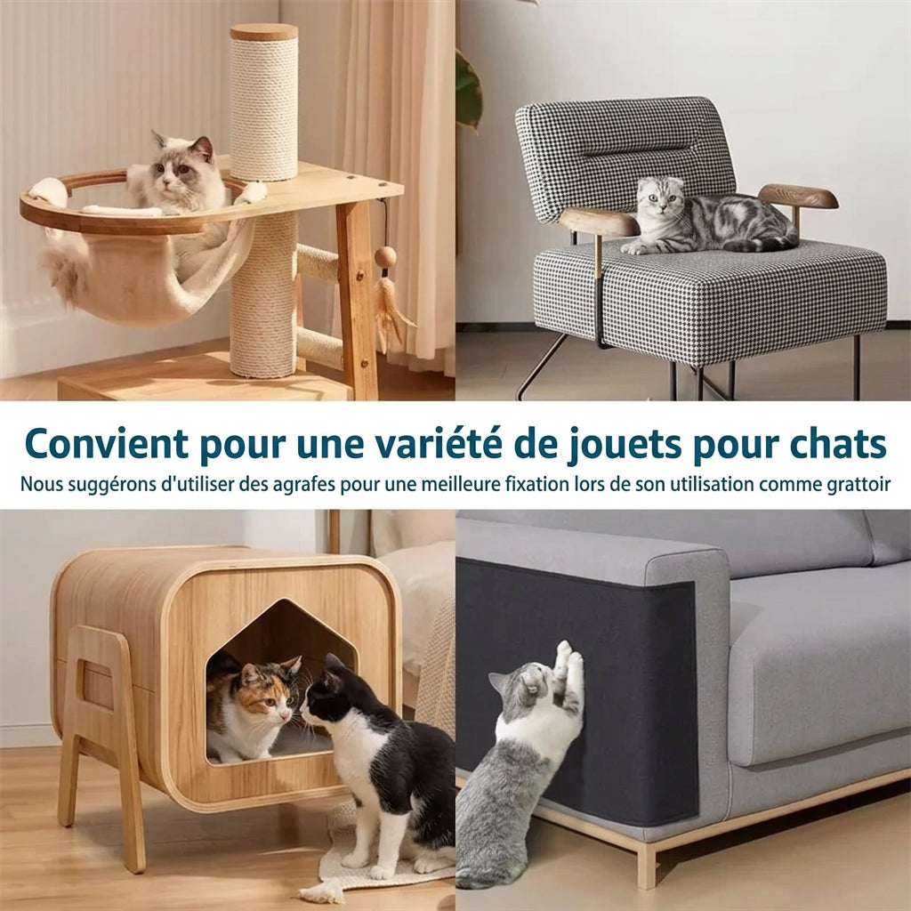 Tapis griffoir utilisé sur un arbre à chat, un fauteuil, une niche et un canapé, avec conseil de fixation par agrafes