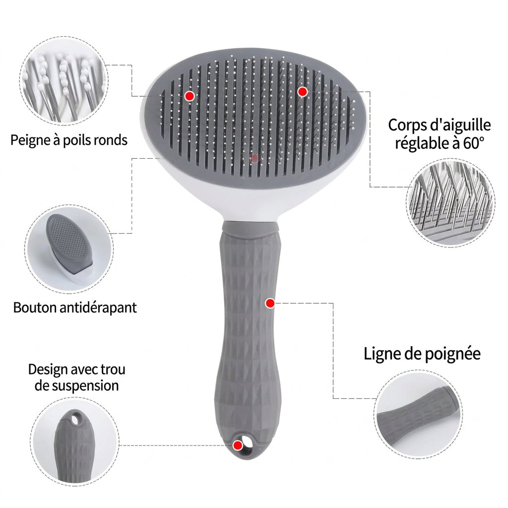 Détails du peigne autonettoyant : picots ronds, bouton antidérapant, aiguilles à 60°, trou de suspension