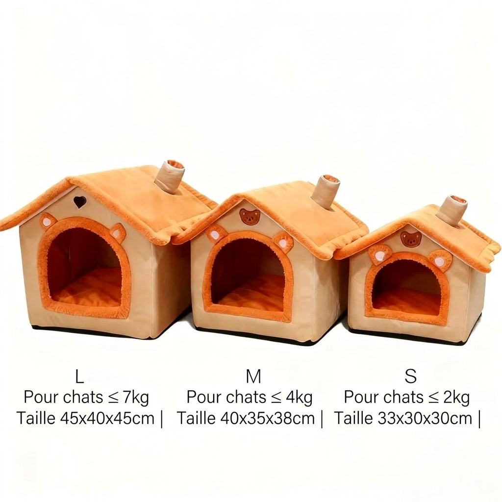 Guide des tailles de la Maisonnette Ourson : S 33x30x30 cm, M 40x35x38 cm, L 45x40x45 cm
