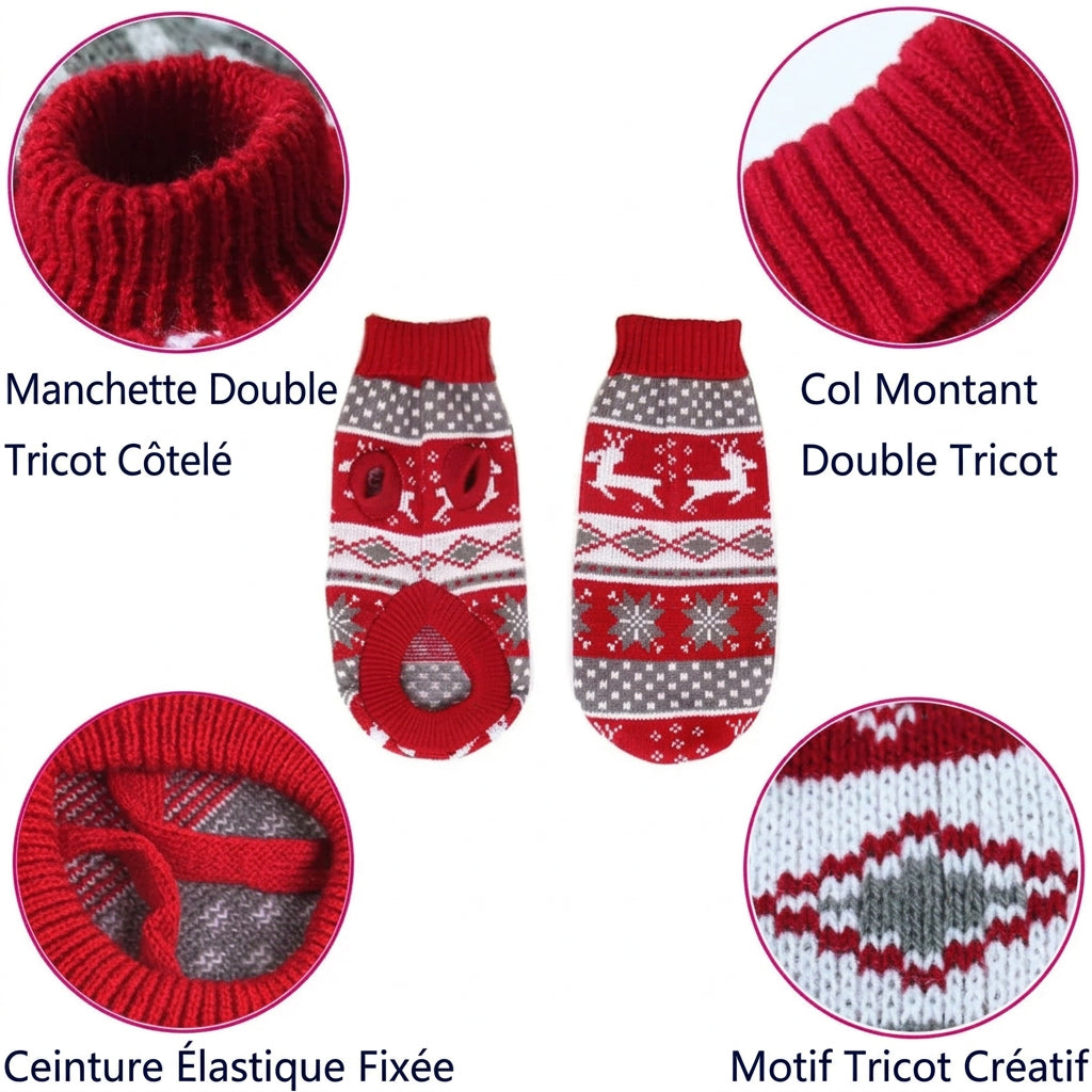 Détails du pull : col montant, manchettes côtelées et motif tricoté