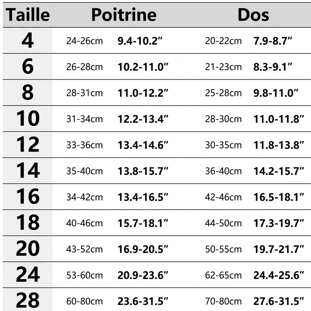 Guide des tailles du pull : tour de poitrine et longueur du dos