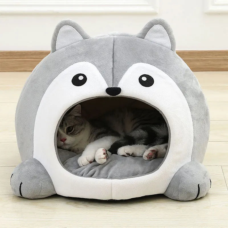 Grotte husky en peluche pour chat